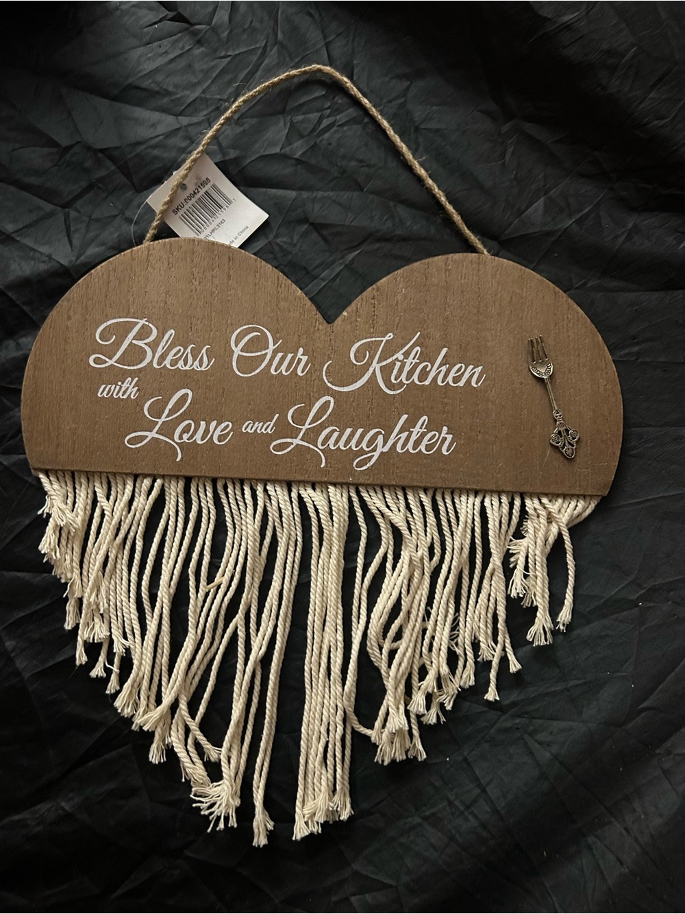 Heart Wood Wall Hanging "Bless Our Kitchen" in Brown and Cream
